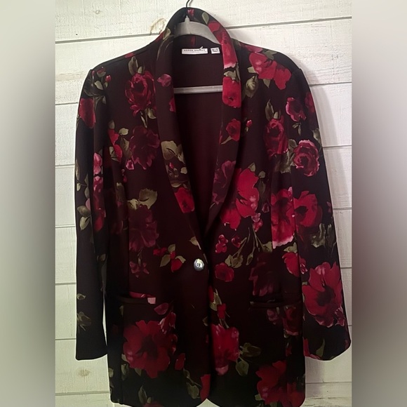 Susan Graver Floral Women's Blazer - Red and Black - Picture 2 of 10